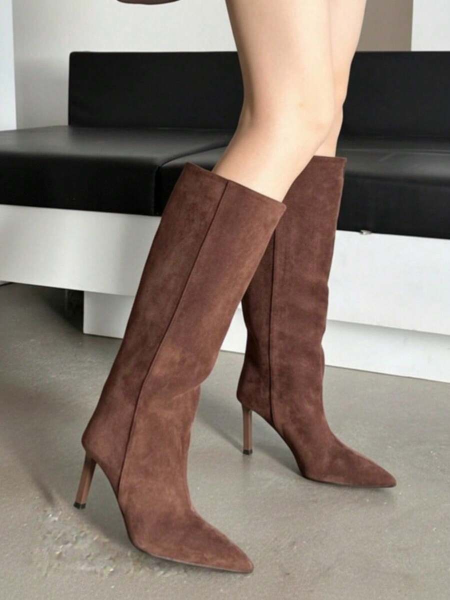 2025 New Pointed Toe Slim Fit Mid-Calf Riding Boots, Khaki Color, Women Shoes, Spring/Autumn/Winter,High Heels - Coffee Brown - View 1