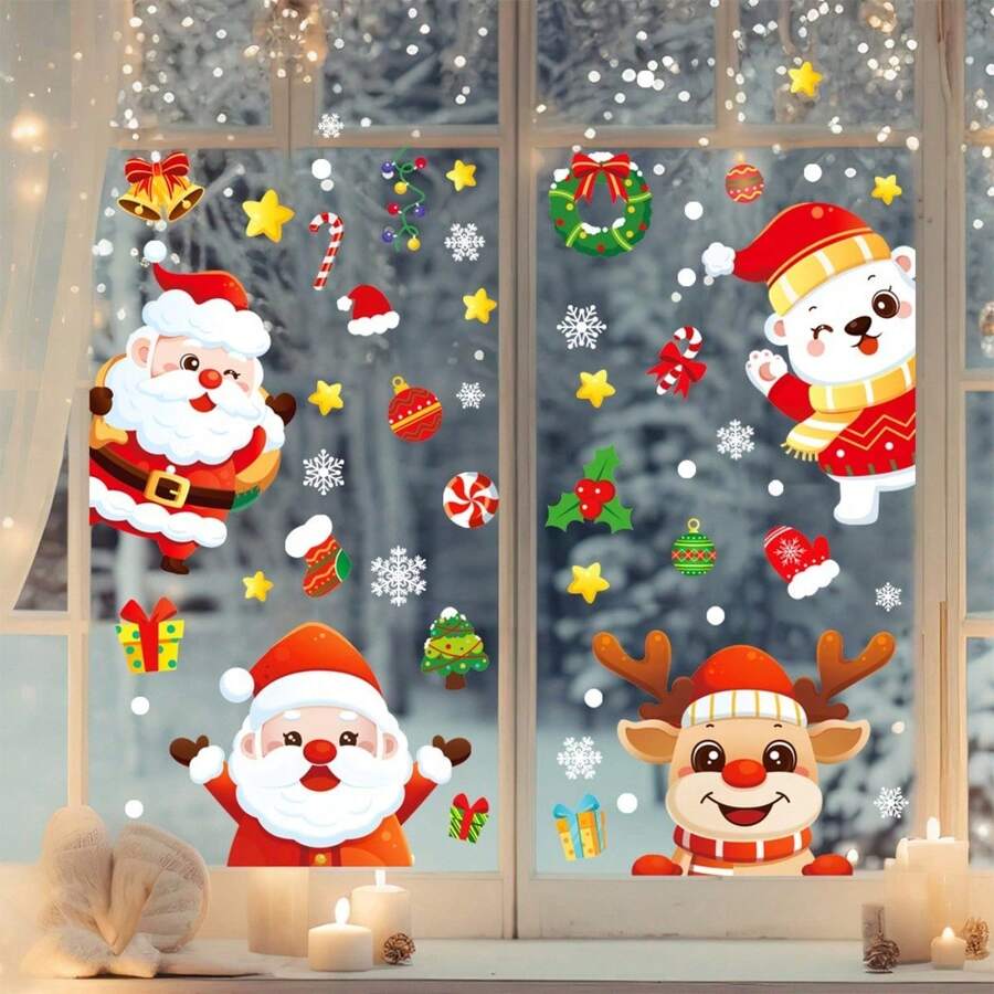 (4 Large Sheets) Snowflake Window Clings Glass Stickers Decals Party Festival Snowflake Stickers Santa Claus Reindeer Stickers, Stickers, Wall Decal, Vinyl Decal For Home Decorations, Spring Decoration Items Refresh Your Home, Rama Decoration Stickers Christmas Decorations Room Decor Christmas - Style3 - View 1