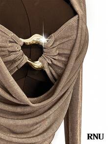 RNU Backless Draped Collar/Metallic Button Hollow/Minimalist Sequin Elastic Fitted Bottom, Women's Casual Nightclub Business Casual Concert Outfit/Office Wear, High Stretch Slim Fit Casual Daily/Valentine's Day/Carnival/New Year Birthday Dress, Sexy Nightclub Party/Street/Vacation/Travel/Date, Long Sleeve New Style Mini Skirt, Spring Summer Autumn Winter - Coffee - View 8