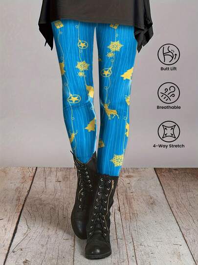 1 pieza Leggings de mujer de cintura alta con estampado de árbol de Navidad, versátil para otoño/invierno, deportes al aire uso casual