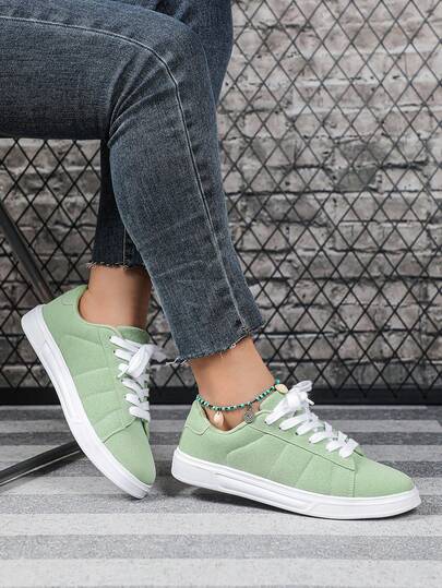 Women's Casual Sneakers, Fresh And Simple Green Leather Platform Shoes, Suitable For All Seasons, No Prints, Fabric Lining, Flat, Comfortable And Durable, Low-Top Lace-Up, Unisex, Couple Shoes, Fashionable Skate Shoes, Everyday Commuting Shoes, Suitable For Holiday Gifts.