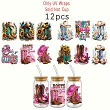 12 片装牛仔帽和靴子图案 16 盎司玻璃罐 UV DTF 贴纸 - 闪亮自粘贴纸，适用于咖啡杯，高品质手工咖啡配件 - 彩色 - 查看 2