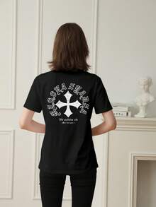 女式标语和十字架印花圆领落肩宽松休闲T恤，夏季