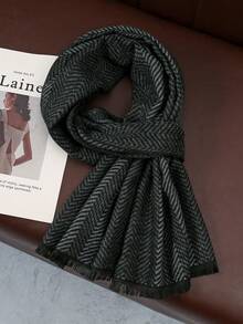 1pc Classic Striped & Plaid Print Warm Thick Scarf, Unisex Fashion Casual Couple Neck Warmer, Suitable For Daily Wear, Autumn/Winter - Black - View 2