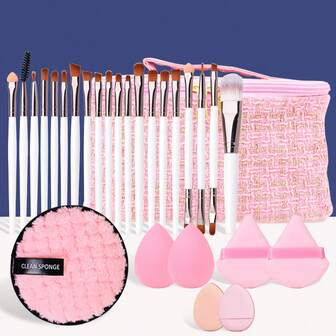 28件套化妆刷套装，采用柔软尼龙刷毛，包含化妆海绵、三角粉扑、指套粉扑和化妆包——一套完整的粉底、眼影、修容化妆套装，适合从初学者到专业人士，所有肤质均可使用，精美礼盒包装——理想的生日礼物。