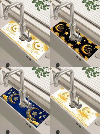1pc 14*38cm Eid Mubarak Kitchen Diatomaceous Earth Mat With Moon & Star Mandela Flower Pattern, 3Colors Ramadan Kareem Faucet Absorbent Mat, Bathroom Faucet Splash Mat, Moisture Resistant And Non-Slip Faucet Mat, Kitchen Countertop Accessories, Ramadan Mubarak 2026 Party Supplies Eid Al Adha Gathering