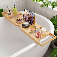 Expandable Wooden Bath Tub Tray - Adjustable Bathtub Caddy With Flat Shelf, Candle & Cup Holders - Sturdy Bathroom Organizer - Perfect Gift For Her, Bath Tub Storage Caddy | Natural Wood Design | Multi-Function Tray, Bathing Accessories