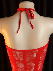 1件套性感内衣套装，花卉蕾丝裆部连体衣，纯色吊带镂空提花内衣套装，镂空连体衣，紧身渔网袜 - 紅色 - 查看 4