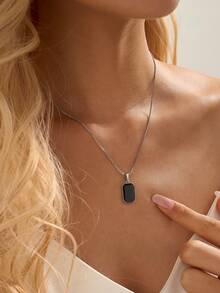 Nooxian 1pc Fashionable Geometric Element Long Black Pendant Necklace For Women - Silver - View 3