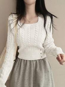 韩版休闲秋冬绞花针织毛衣，单排扣，方领，纯色套头衫（女款） - 白色 - 查看 3