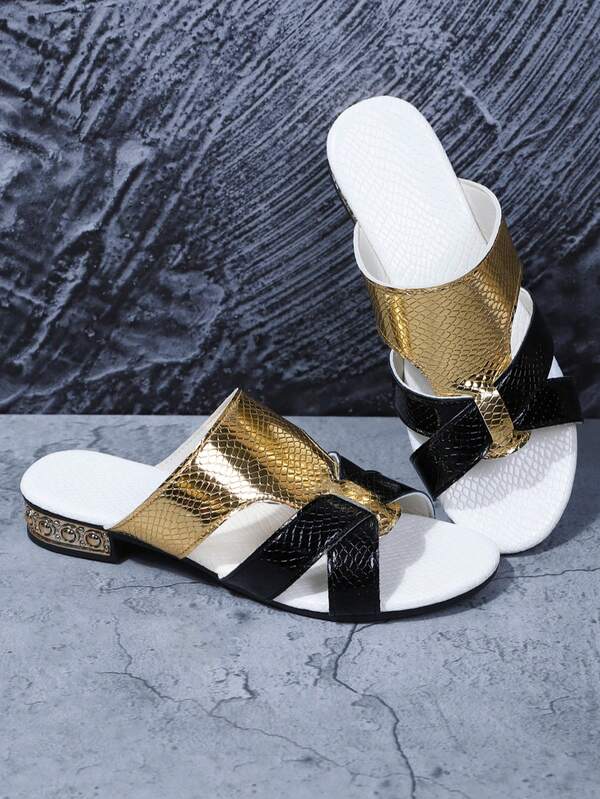 1 Pair Summer Fashion Glossy Chunky Heel Criss-Cross Casual Outdoor Slippers, Silver & Gold Color