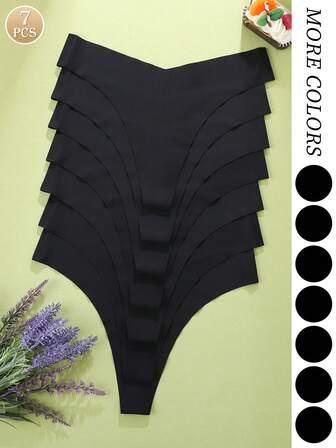 7 st/set kvinnors enfärgade svarta stringtrosor, bekvämt tyg sexigt låg midja svart enfärgat underkläder