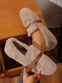 Sapatos femininos rasos de pelúcia, macios e confortáveis, com bico redondo, ideais para o dia a dia no outono/inverno. - Caqui - Ver 9