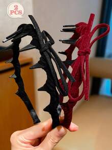 2pcs Toothed Headband Set - Multi-Color (Wine Red/Blue/Black), Vintage-Inspired Design, Toothed Structure For Secure & Non-Slip Wear, Bow Accent For Sweet Touch, Suitable For Daily, Commute, Date Outfits, Practical & Stylish Hair Accessory For Retro & Cute Hairstyles ,Hair Band ,Diadema ,Hair Hoop - Multicolor - View 7