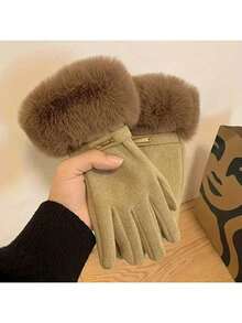 1 par de guantes de invierno para mujer forrados de lana, gruesos, a prueba de viento y cálidos, con pantalla táctil para ciclismo y conducción - Multicolor - Ver 3