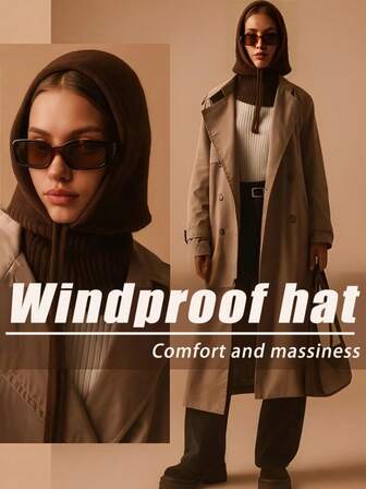 1件装冬季保暖针织帽，带耳罩和围巾，男女通用羊毛内衬连帽围脖，可手洗涤纶钓鱼帽，带抽绳