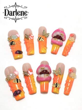 Each Set Includes 10 Pieces Of Handcrafted Y2K Square Acrylic Nails In A French Design, Adorned With Rhinestones, Lips, Butterflies, And Flower Decorations. Available In A Range Of Pastel And Nude Tones, With Three Sizes To Fit Various Needs. Perfect For Parties, Balls, And Daily Wear, This Set Comes With A Nail Tool Kit, Making It An Ideal Gift For Women And Girls-Ideal For Press-On Nails (Worn Nails).