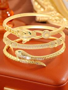 3pcs Golden Jewelry Set Light Luxury Elegant Copper Bracelet Set Dating Scene Eye-Catching Accessory Multi-Element Snake Design Show Exquisite Charm - Gold - View 3