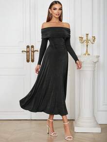女士不对称肩部荷叶边长袖A字型派对连衣裙 - 黑色 - 查看 4