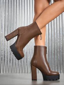 Damen einfarbige sexy Ankle Boots mit Frontzipp, glänzend, mit dicker Sohle und klobigem Absatz, Lässig kurze Stiefeletten für Party, Outdoor, Herbst/Winter - Braun - Übersicht 2