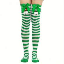 1 Pair Of Red And Green Striped Socks For Fall, Winter, Christmas, And Halloween; Calf Socks With Bow And Ball Decorations; Christmas Stockings; Party Over-The-Knee Socks. - 綠白色 - 查看 7