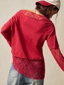 Womens Lace Splicing Mesh Top Long Sleeve One Shoulder Solid Color Lace Trim Vintage Shirt Stylish Chic Boho Party Club Top Blouse  For Vacation Outfits Holiday Outfits Going Out Outftis - 紅色 - 查看 5