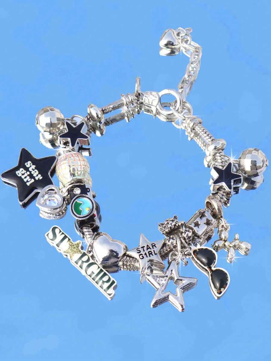 1条星光少女音乐节时尚手链，1条豹纹星星吊坠手链，Y2K摇滚明星DIY手链，时尚朋克迪斯科球手链