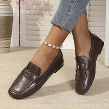 Women's New Camellia Metal Decor Plus Size Fashion Slip-On Flat Shoes, Brown PU Leather, Elegant For Daily Wear, Office, Commute, Versatile, Comfortable Soft Bottom, Lightweight Loafers