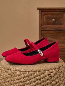 MonaNise Giày bệt Mary Jane mũi vuông cao 3cm dành cho nữ, màu đỏ, thích hợp cho tiệc tùng, ăn tối, phong cách cổ điển, giày lười thời trang thường ngày - Đỏ - Xem 5