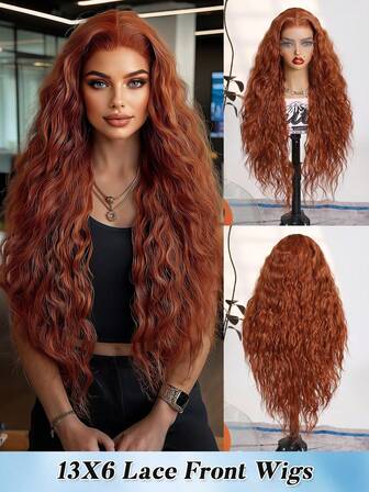 Peluca de cabello ondulado de color naranja extra larga, peluca sintética suave con encaje, peluca frontal de encaje 13X6 con cabello de bebé adecuada para fiestas diarias de mujeres, fibra sintética de 30 pulgadas importada de Japón con una tapa de malla elástica adecuada para todos los regalos de mujeres, decoraciones navideñas, regalos navideños, disfraz de fiesta