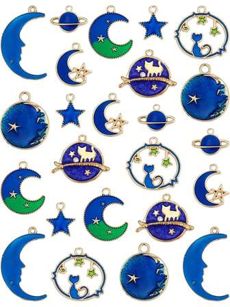 8/24Pcs Assorted Golden Plated Enamel Cat Moon Star Celestial Charm Pendant DIY For Earrings Necklace Bracelet Jewelry Making And Crafting