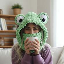 Women Hat Scarf Combo, Cute Frog Soft Warm Knit Balaclava Winter Neck Warmer Fashion Accessories - 綠色 - 查看 2