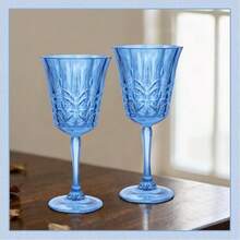 Plastic Wine Glasses 10oz Set Of 12, Blue Vintage Goblets Unbreakable Reusable  Stemmed Drinking Glasses For Parties, Weddings & Events Leaf-Patterned - 藍色 - 查看 4