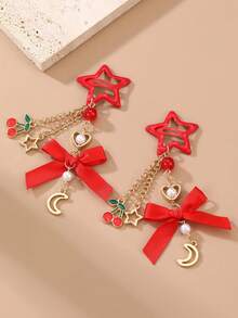 2pcs Women's Fashion Elegant Hair Accessories Y2K Cute Red BB Clips, Bowknot, Star, Moon, Cherry, Rose, Pearl Pendant Hair Clips, Suitable For Daily, Festival, Gathering, Party Matching - Red - View 6