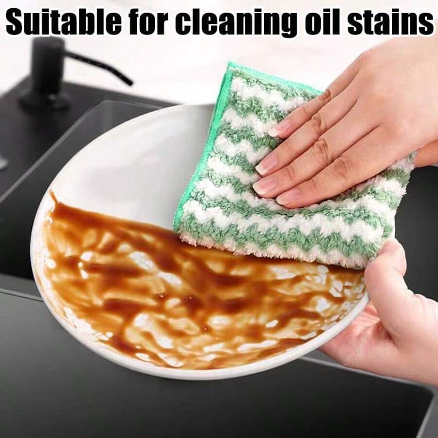 1 Pack Thick Wave Ion Kitchen Dish Cloths, Striped Coral Fleece Cleaning Degreasing Non-Stick Cleaning Cloths For Kitchen, Bathroom, Home, Household Supplies