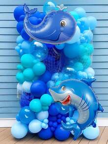 113件海洋主題派對裝飾氣球，包含鯨魚與鯊魚箔氣球、藍色透明乳膠氣球，適用於海洋主題派對、水下主題生日裝飾、嬰兒洗禮 - 彩色 - 查看 5