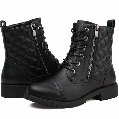 ZIITOP Boots For Women Walking Ankle Boots Waterproof Combat Black Lace Up Booties Side Zipper Low Heel Booties