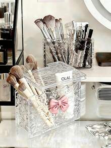 1pc Bowknot Makeup Brush Holder, Lipstick & Brush Organizer Box, Desk Vanity Compartment Storage Cup - Multicolor - View 2