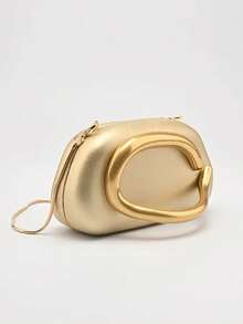 Minimalist Metal Texture Gold Women's Handbag, Fashionable Evening Clutch, Versatile Minimalist Clutch, Chain Crossbody Shoulder Bag, Pearl Handle Tote Bag, Interchangeable Dual Straps - Gold - View 6