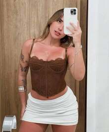 Women's Cropped Lace Corset With Adjustable Straps, Sexy Bustier Blouse Top - Rỉ Nâu - Xem 2