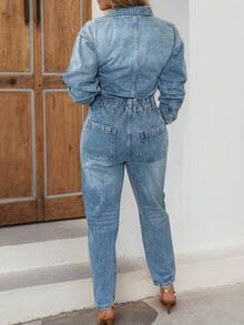 Women's Button-Down Denim Jumpsuit, Long-Sleeved Wide-Leg Jumpsuit, Collared Design, Solid Color Stretch Jumpsuit, Casual, Sexy And Comfortable. - Rửa nhẹ - Xem 4