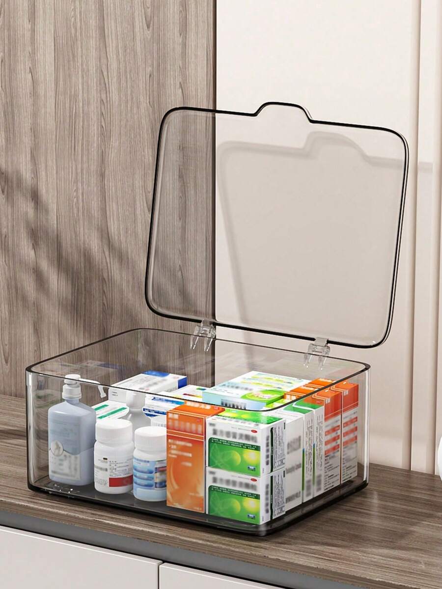 1pc Transparent Desktop Storage Box With Flip Cover, Dust-Proof Organizer Box. Multifunctional Home Mini Medicine Storage Box For Cosmetics, Face Masks, Stationery, Sundries, Etc. - Multicolor - View 1