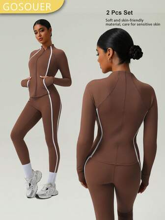 GOSOUER 2 st. CO-ord gymset höst vinterkläder damkläder kontrasterande vita randiga slim fit dragkedja fickor långärmad jacka och hög midja höftlyftande elastiska mode yogaleggings för utomhusvandring löpning