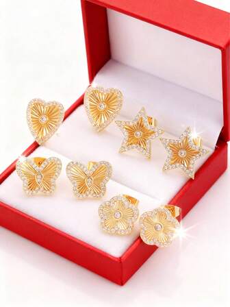 复古优雅心形、蝴蝶、五角星耳环，镶嵌立方氧化锆耳钉，适合女性日常、约会、派对、情人节、圣诞节、生日礼物等场合佩戴。