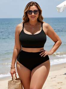 Swim Lushoire Plus Size Solid Color Minimalist Daily Swimsuit Bikini Set - Black - View 4