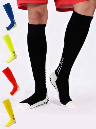 1双青少年及膝足球袜，适合10-18岁女孩，防滑点状长款运动袜，男孩加厚毛圈缓冲足球运动袜，采用涤纶针织面料制成。