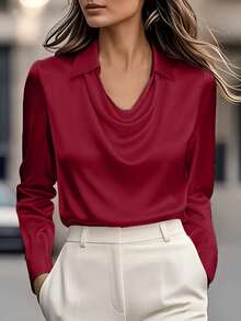 Elegant White Satin Drape Collar T-Shirt - 100% Polyester, Machine Washable, Suitable For Casual And Professional Wear, Comfortable All Season - Red - View 8