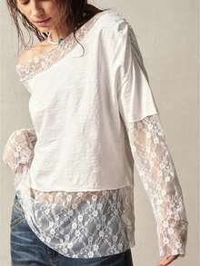Womens Lace Splicing Mesh Top Long Sleeve One Shoulder Solid Color Lace Trim Vintage Shirt Stylish Chic Boho Party Club Top Blouse  For Vacation Outfits Holiday Outfits Going Out Outftis - trắng - Xem 1