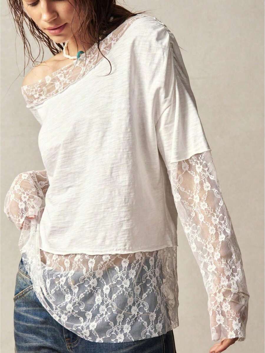 Womens Lace Splicing Mesh Top Long Sleeve One Shoulder Solid Color Lace Trim Vintage Shirt Stylish Chic Boho Party Club Top Blouse For Vacation Outfits Holiday Outfits Going Out Outftis - trắng - Xem 1