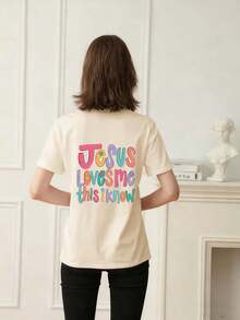Tween Girl "Jesus Loves Me" Slogan Print Round Neck T-Shirt, Summer Top - Apricot - View 2